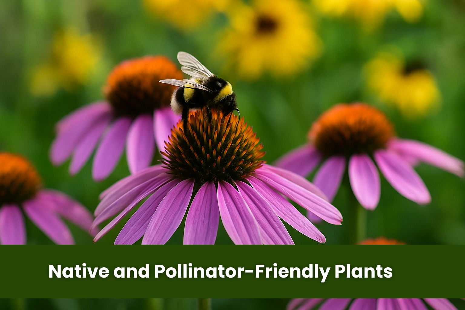 Native and pollinator-friendly plants for hot gardening trends by Urban Plant featuring a bumblebee pollinating a purple coneflower in a vibrant wildflower garden